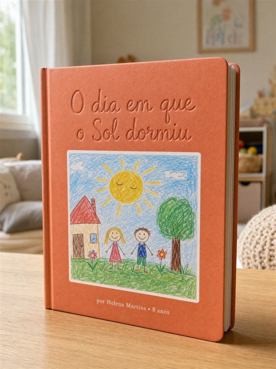 Capa do livro criado por um aluno, com o desenho da própria criança na capa